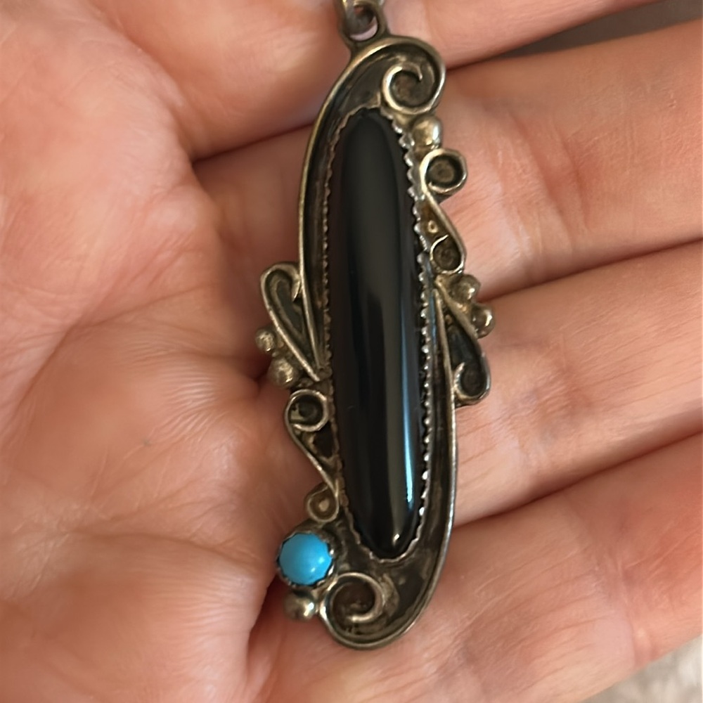 Vintage Signed Stamped Sterling Silver Onyx Turquoise Pendant Necklace - Picture 11 of 15